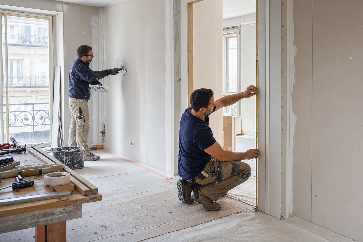 Illustration d'un chantier de rénovation intérieure avec deux artisans